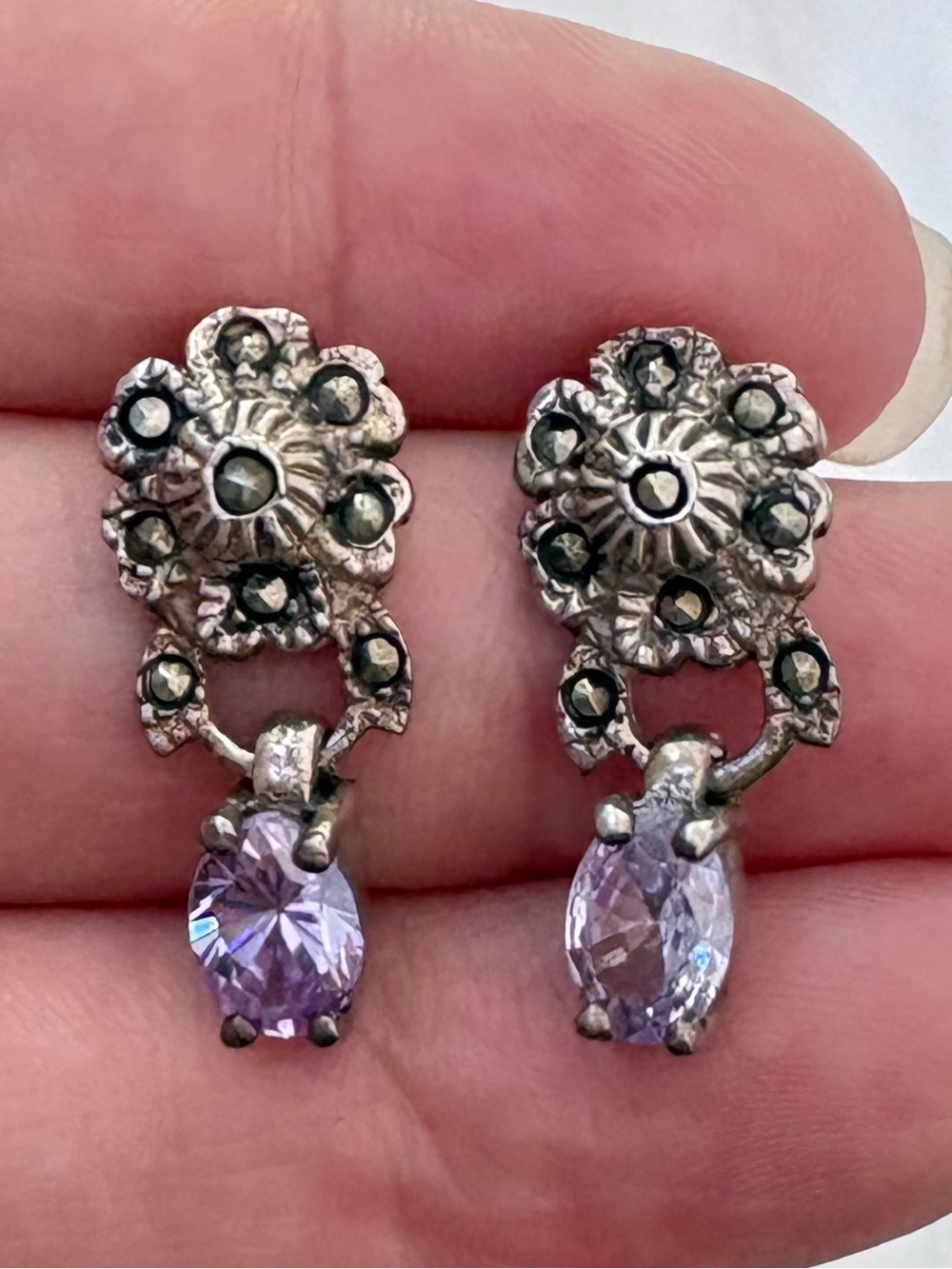 Vintage Sterling 925 Dangle Earrings Marcasite and Purple Stones
